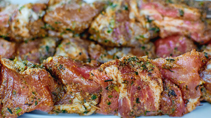 Pork in marinade. Meat for barbecue. Raw fresh meat in sand sauce.