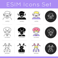 Psychological problem icons set. Outburst from hatred. Man suffering from pain. Feeling of remorse. Mental health. Linear, black and RGB color styles. Isolated vector illustrations