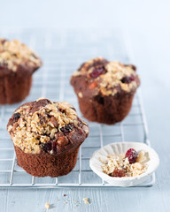 Close up Chocolate cranberry muffins with chopped nuts on a light marble surface with selective focus, copy space.