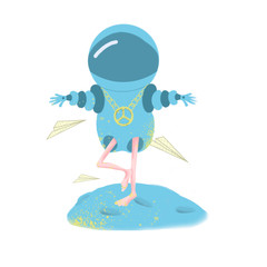 cute astronaut in a blue spacesuit does yoga on the background of flying paper airplanes digital illustration isolated on white background