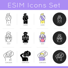 Human feeling icons set. Person ashamed and embarrassed. Heavy weight of guilt. Confused thoughts. Psychological problem. Linear, black and RGB color styles. Isolated vector illustrations