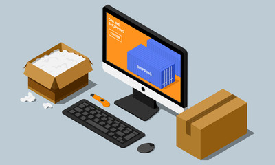 Online shopping isometric vector illustration. Goods ordering and delivery concept.