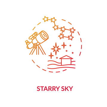 Starry sky red concept icon. Watch constellation with telescope in village. Night sky observation. Country camping idea thin line illustration. Vector isolated outline RGB color drawing
