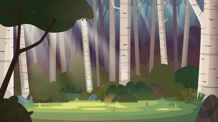 Cartoon magic summer birch forest glade with sunbeams. Forest wilderness landscape. 