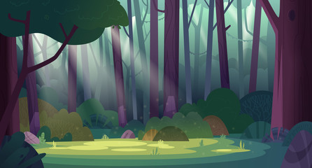 Cartoon magic summer jungle forest glade with sunbeams. Forest wilderness landscape.  - obrazy, fototapety, plakaty