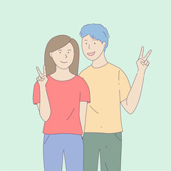 The young man and woman looked at the camera and raised two fingers. Hand drawn style vector design illustrations.