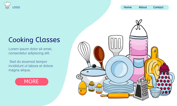 Vector banner on the theme of food and cuisine for cooking courses or classes. Template for a web site with an illustration of kitchen utensils and tableware.