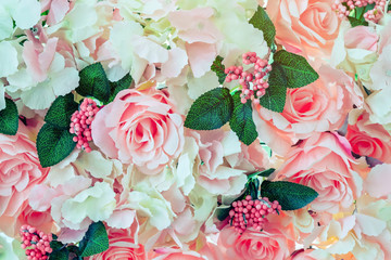 Many artificial pink and white roses are decorated on the glass door to the backdrop in the afternoon. Beautiful flowers background, Selective focus.