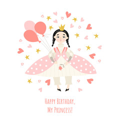 Girl's birthday card with a cute princess holding balloons