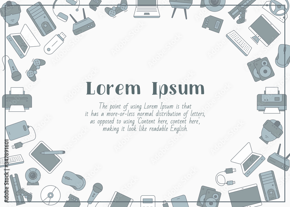 Fototapete Electronic devices - horizontal card with text and vector color illustrations of technique and computer for graphic design