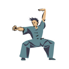 A young man shows a strong fist to Wushu. Vector illustration