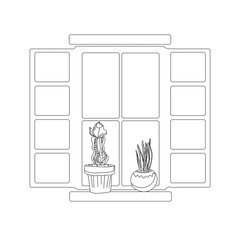 Two different cacti in pots on the window black and white icon