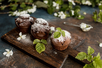 Delicious chocolate cupcakes on a wooden table