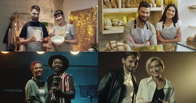 Multiscreen on multiethnic different employees. Couple of potters with handmade dishes in workshop. Male and female duet of singers in studio. Man and woman working in bakery. Couple of models indoor
