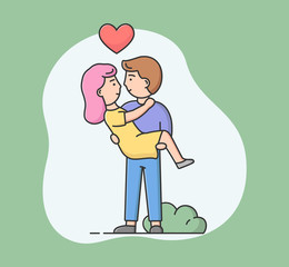 Concept Of Romantic Relationships. Man Is Holding Woman In Arms. Excited Girl Is Looking At Boy. Couple in love Have Romantic Date Together. Cartoon Linear Outline Flat Style. Vector Illustration