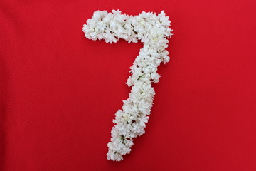 The number 7 is written in white lilac flowers on a red background. The number seven is written in...