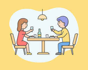Concept Of Romantic Relationships. Man Woman Have Romantic Dinner. People Eating In Restaurant. Couple in love Have Romantic Date Together. Cartoon Linear Outline Flat Vector Illustration