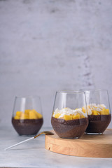 Healthy vanilla chia pudding in a glass with cocoa and mango. Copy space concept