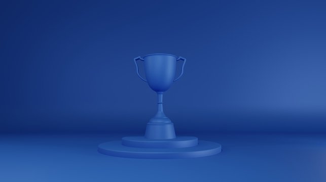 blue trophy cup on blue background. 3d rendering.	