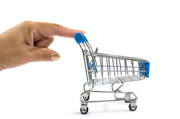 Fototapeta premium hand pushing a small shopping cart on a white background
