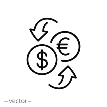 currency exchange icon vector, sign money dollar with euro, thin line symbol on white background