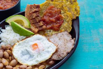 Bandeja paisa. Typical Colombian food. Concept of Colombian food. Copy space.