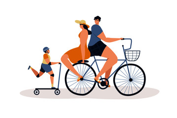 Fototapeta premium parents riding a bike and their son riding a scooter