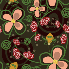 Vector seamless pattern with abstract hand drawn elements, curly twigs, flowers, leaves, butterflies, organic shapes. Cute abstract floral texture. Elegant background. Repeat design for textile, cloth