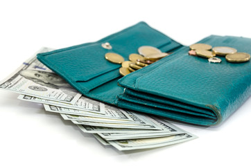 green female wallet and dollars isolated on a white background.