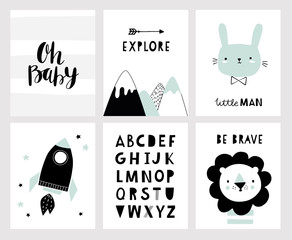 Nursery posters for baby room, cute animals, alphabet and quotes in scandinavian style. Hand drawn vector illustration for prints, cards, apparel. © mgdrachal