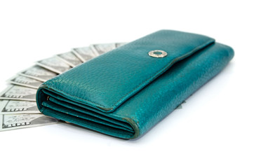Female wallet and dollars on a white background.