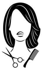 Silhouette of a cute lady. The girl shows a hairstyle on medium and long hair and scissors. Suitable for logo, hairdresser advertising. Vector illustration.