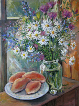 Bouquet of chamomiles with patties, oil painting