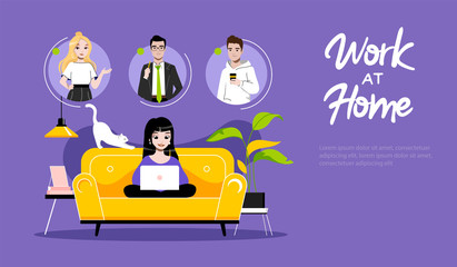 Concept Of Freelance Remote Work. Website Landing Page. Girl Freelancer Typing On Laptop. Woman Communicate With Friends On Internet. Web Page Cartoon Linear Outline Flat Style. Vector Illustration
