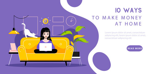 Work From Home Concept. Website Landing Page. Woman Freelancer Works On Laptop. Remote Working Place With Worktools Sitting On Sofa. Web Page Cartoon Linear Outline Flat Style. Vector Illustration