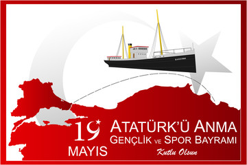 19 Mayis Ataturk'u Anma, Genclik ve Spor Bayrami. Translation: "19 May Commemoration of Ataturk, Youth and Sports Day. Special day in Turkey. Vector illustration." 