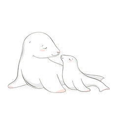 Fur seal. Animal family character. Vector illustration. Mom and baby. Happy mother day. Mom I love you.