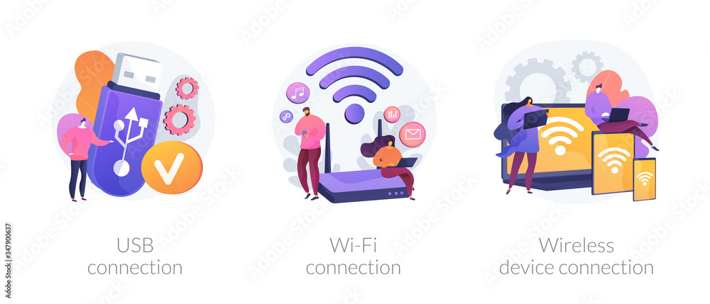 Poster remote connected devices. wireless internet router, modem, data storage device. usb connection, wi-f