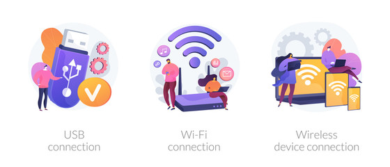 Remote connected devices. Wireless Internet router, modem, data storage device. USB connection, Wi-Fi distance device connection metaphors. Vector isolated concept metaphor illustrations.