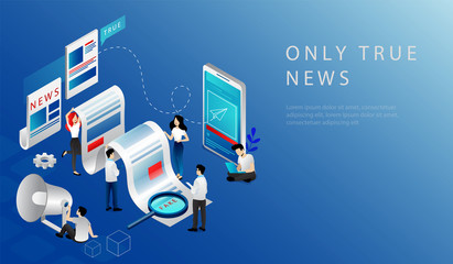 Isometric 3D Concept Of Breaking Latest News. Website Landing Page. News Update, Online News. People Publishing True News Based On Information From Reporters. Web Page Cartoon Vector Illustration