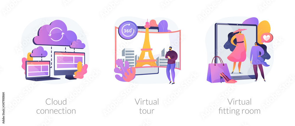 Poster online data transfer and virtual experience abstract concept vector illustration set. cloud connecti