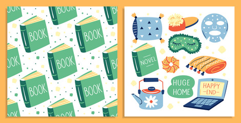 Set of different cute lifestyle items. My house my rules. Cosy home. Laptop, sleeping mask, kettle, plaid, sleepers, book, pillow. Card. Flat colourful vector illustration, seamless pattern. 