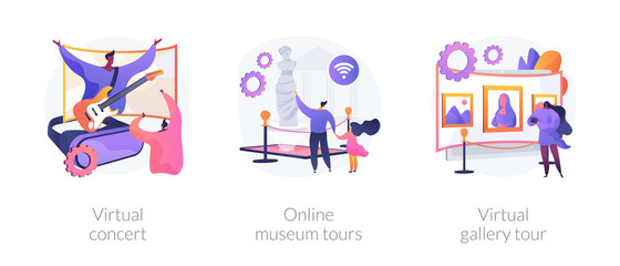 Quarantine leasure time abstract concept vector illustration set. Virtual concert, online museum tours, virtual gallery exhibition tour, art therapy, social distance, stay home abstract metaphor.