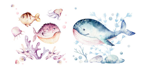 Set von Meerestieren. Blauer Aquarellozeanfisch, -schildkröte, -wal und -koralle. Shell-Aquarium-Hintergrund. Nautische marine handgemalte Illustration. © kris_art