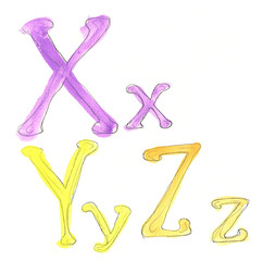Watercolor English alphabet on a white background. XYZ letters