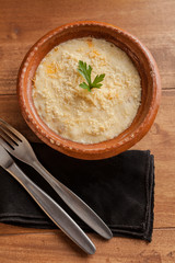 Top view of polenta dish in restaurant.