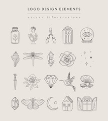 Collection of vector, fine, hand drawn logo design elements, detailed decorative illustrations and icons for various ocasions and purposes. Trendy Line drawing, lineart style