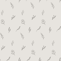 Vector Hand Drawn Line Drawing Doodle Floral Seamless Pattern with Wildflowers, Flowers, Plants, Branches, Leaves. Design Elements Illustration. Branding. Swatch