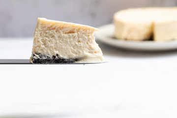 Creamy cheesecake with chocolate cookies slice on knife.