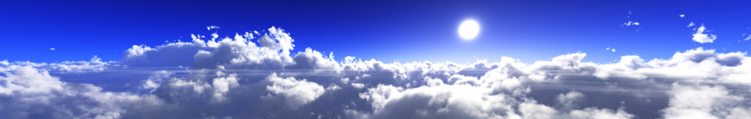 Beautiful clouds, panorama of clouds, flying in clouds, the sun above the clouds, 3D rendering